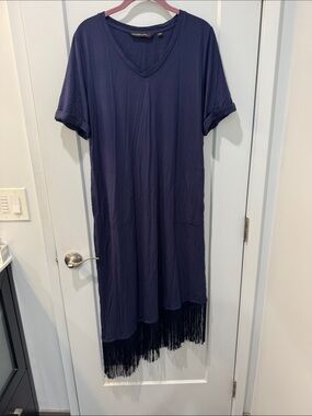 Colleen Lopez Navy Fringe Hem V-Neck Dress